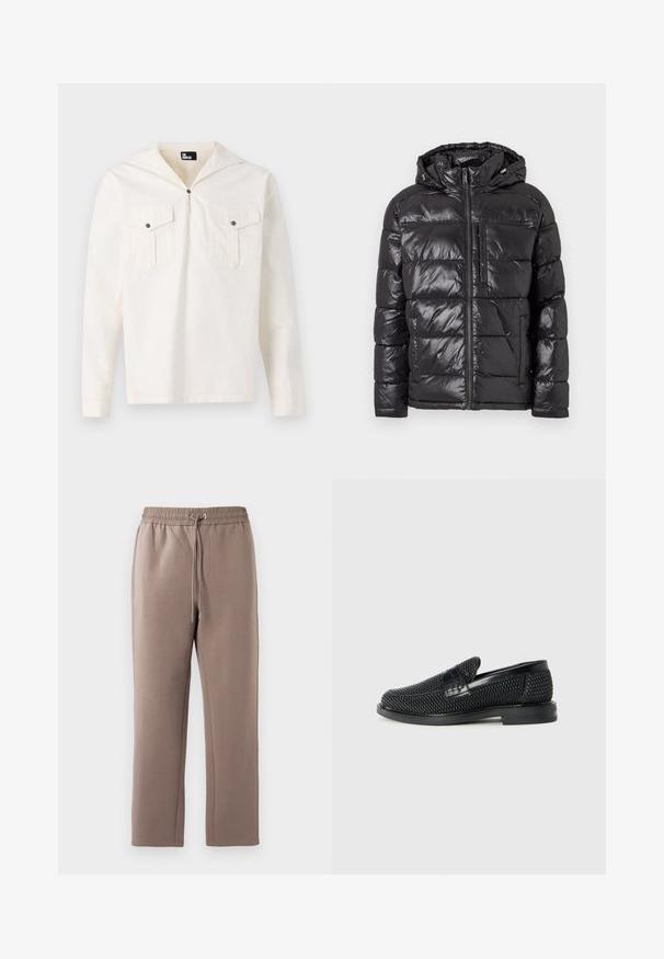 Svart dunjakke med en skinnende, kviltet overflate, hette, frontglidelås og to sidelommer. Lett og isolert design.; Langermet kremfarget skjorte med hette, frontlukking med knapper, to brystlommer med klaffer og en glatt stoffkvalitet.; Brune, middelsvære joggebukser laget av myk stoff, med elastisk midjebånd og snor, sidelommer og rette ben.; Sorte vevde slip-on sko med en glatt lærdetalj på overdelen, design med rund tå og en lavprofil gummisåle.