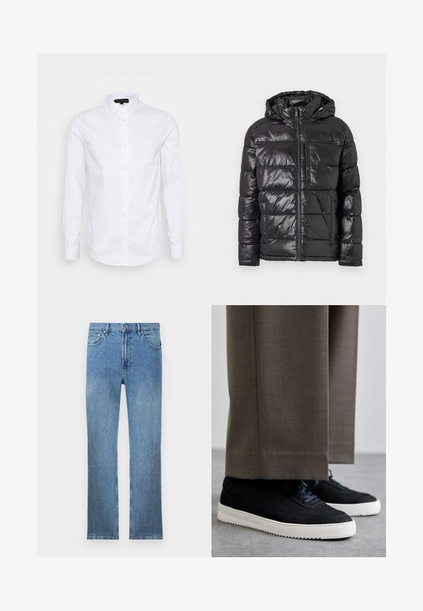 Black puffer jacket featuring a shiny, quilted exterior, a hood, front zipper, and two side pockets. Lightweight and insulated design.; White long-sleeve dress shirt with a button-down collar, made of smooth cotton fabric, featuring a small logo on the chest and buttons down the front.; Light blue denim jeans with a straight cut, five pockets, a zipper fly, and contrasting stitching. Fabric has a smooth, textured finish.; Black suede sneakers with white rubber soles, featuring a rounded toe and laces, worn with gray tailored pants.