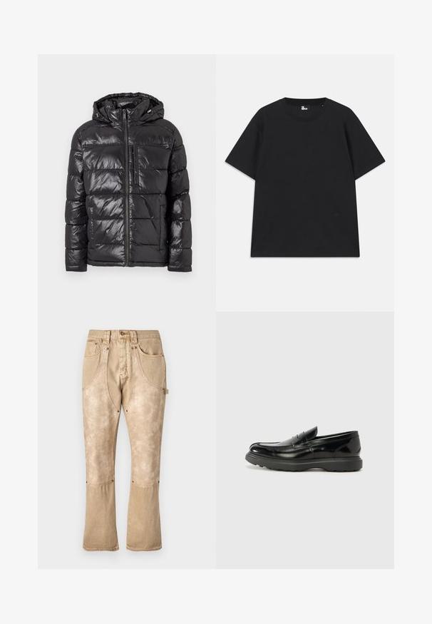 Svart puffjacka med en glänsande, vadderad yta, huva, frontdragkedja och två sidofickor. Lätt och isolerad design.; Svart kortärmad t-shirt i bomull, med rund halsringning och en liten logodetalj nära fållen. Slät textur, normal passform.; Beiga denimbyxor med en bleknad finish, hög midja, framfickor, kontrasterande stygn och utsvängda ben. Har metallaccessoarer.; Svart läderloaferskor med en glänsande yta, rund tå, diskreta söm detaljer och en tjock gummisula för hållbarhet.