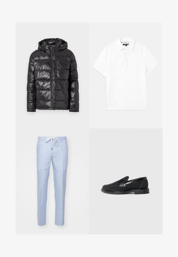 Svart dunjakke med en skinnende, kviltet overflate, hette, frontglidelås og to sidelommer. Lett og isolert design.; Hvit polo-skjorte laget av pustende bomullsblanding, med krage, kort erm og tre-knappers knappelukking. Glatt tekstur, ingen mønstre.; Lyseblå linbukser med rett passform, med strikk i livet og en glatt tekstur. Ingen synlige lommer eller dekorative elementer.; Sorte vevde slip-on sko med en glatt lærdetalj på overdelen, design med rund tå og en lavprofil gummisåle.