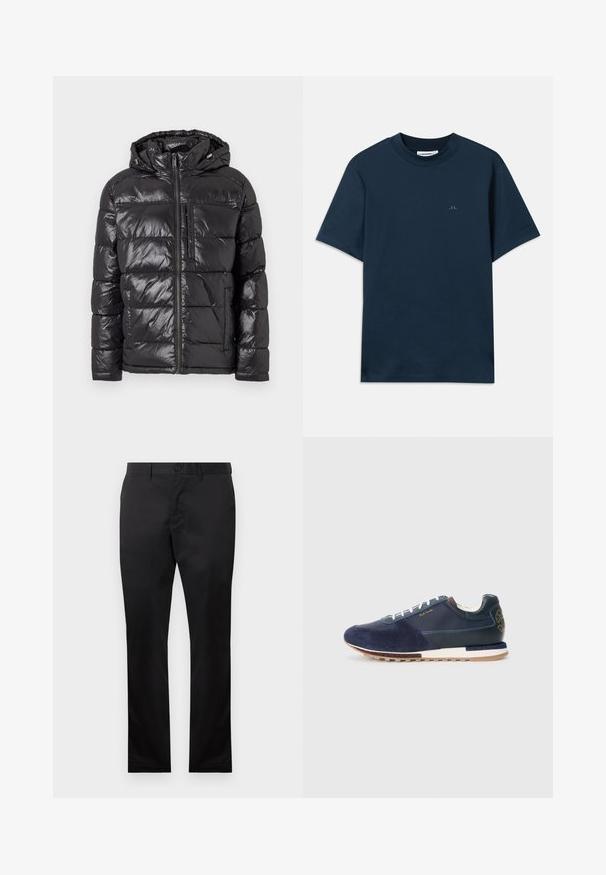 Casaco puffer preto com exterior brilhante e acolchoado, capuz, fecho frontal e dois bolsos laterais. Design leve e isolado.; T-shirt de algodão azul-marinho com gola redonda, mangas curtas e um logótipo discreto estampado no peito. Textura suave e corte clássico.; Calças de algodão pretas com um design de perna reta, apresentando um fecho frontal com botão e bolsos laterais, textura suave, sem padrões visíveis.; Sapatilhas em nobuck e couro azul marinho com atacadores brancos, sola texturizada e um detalhe castanho na parte traseira com um logótipo.