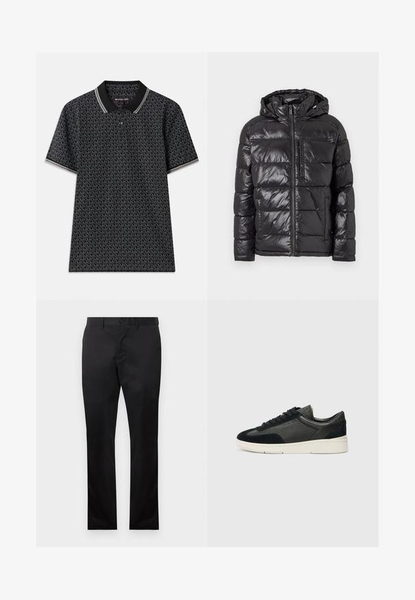 Casaco puffer preto com exterior brilhante e acolchoado, capuz, fecho frontal e dois bolsos laterais. Design leve e isolado.; Camisa polo preta com um padrão repetido de "MK", mangas curtas, três botões na gola e um acabamento listrado em contraste na gola.; Calças de algodão pretas com um design de perna reta, apresentando um fecho frontal com botão e bolsos laterais, textura suave, sem padrões visíveis.; Sapatilhas de cano baixo com uma mistura de camurça preta e pele texturizada, sola de borracha branca e atacadores pretos. Logótipo discreto na lateral.