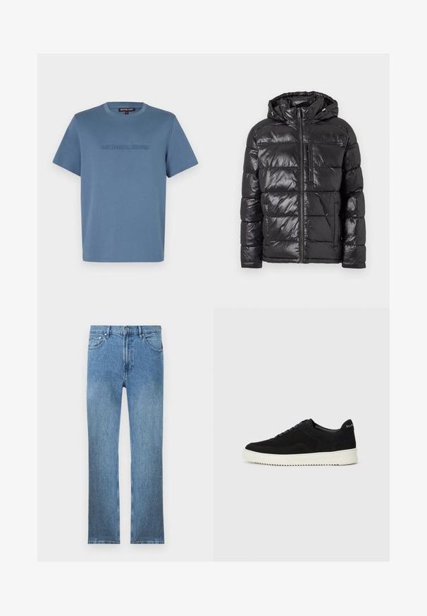 Giacca a vento nera con esterno lucido e trapuntato, cappuccio, chiusura frontale con cerniera e due tasche laterali. Design leggero e isolato.; T-shirt in cotone azzurro chiaro con collo rotondo e maniche corte, con "MICHAEL KORS" embossato sul davanti in una tonalità abbinata.; Jeans in denim azzurro chiaro con taglio dritto, cinque tasche, chiusura con cerniera e cuciture a contrasto. Il tessuto ha una finitura liscia e strutturata.; Sneaker in suede nero con design con lacci e suola in gomma bianca a contrasto. Presenta pannelli laterali testurizzati e un marchio discreto sul tallone.