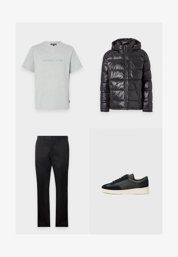 Črna puhovka z sijajno, kviltano zunanjostjo, kapuco, sprednjim zadrgo in dvema stranskima žepoma. Lahka in izolirana zasnova.; Siva bombažna majica s kratkimi rokavi, ki ima na sprednji strani vtisnjen logotip "MICHAEL KORS" in okroglo ovratnico.; Črne bombažne hlače ravnega kroja z zapiranjem na gumb spredaj in stranskimi žepi, gladka tekstura, brez vidnih vzorcev.; Nizke športne čevlje, ki združujejo črno usnje z žametno teksturo in usnje z teksturo, bele gumijaste podplate in črne vezalke. Diskretno blagovno znamko na strani.