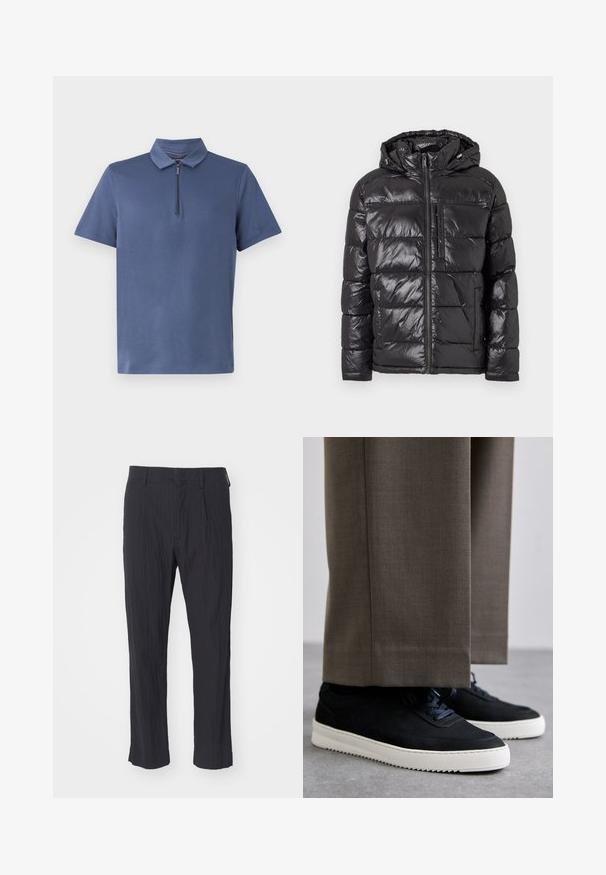 Černá prošívaná bunda s lesklým povrchem, kapucí, předním zipem a dvěma bočními kapsami. Lehký a izolační design.; Polo tričko v námořnické modři s krátkými rukávy, se zipovým límcem a hladkou, lehkou tkaninou. Jednoduchý design bez vzorů nebo akcentů.; Černé plisé kalhoty s texturovanou tkaninou, s rovně střiženými nohavicemi a standardním pasem. Žádné viditelné kapsy nebo kovové prvky.; Černé semišové tenisky s bílými gumovými podrážkami, s kulatou špičkou a tkaničkami, obuté s šedými úzkými kalhotami.