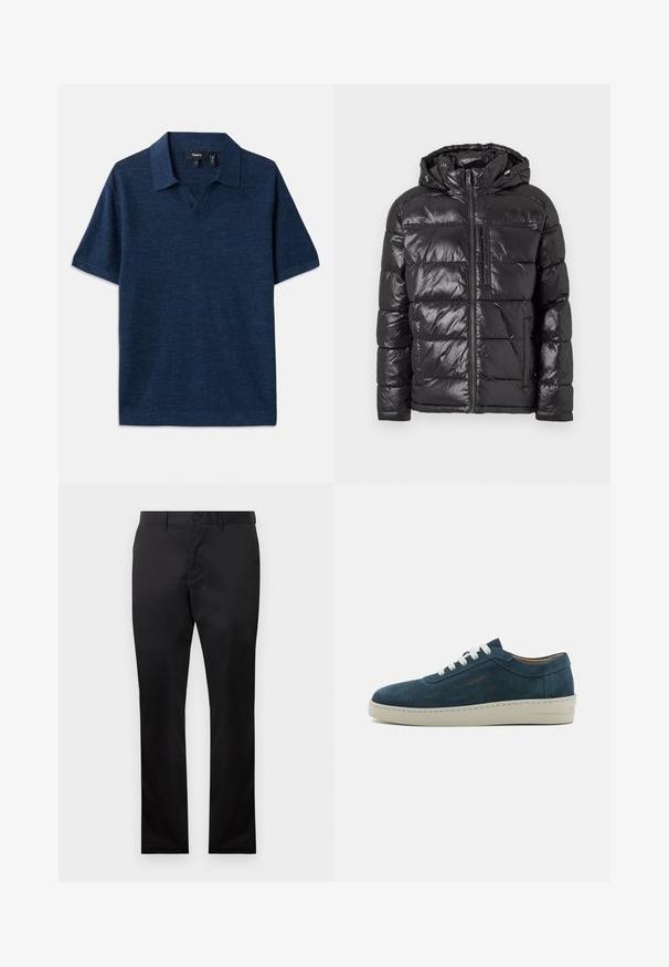 Fekete puff jacket, fényes, steppelt külső résszel, kapucnival, elülső cipzárral és két oldalsó zsebbel. Könnyű és szigetelt kivitel.; Sötétkék pólóing rövid ujjakkal, V kivágással, texturált anyagból és sima gallérral. Diszkrét mintázat jellemzi.; Fekete pamut nadrág egyenes láb kialakítással, elülső gombos zárással és oldalsó zsebekkel, sima textúrával, látható minták nélkül.; Kék velúr sneaker lekerekített orral, fehér fűzővel és gumitalppal. Diszkrét varrásokkal és oldalsó márkázott akcentussal rendelkezik.