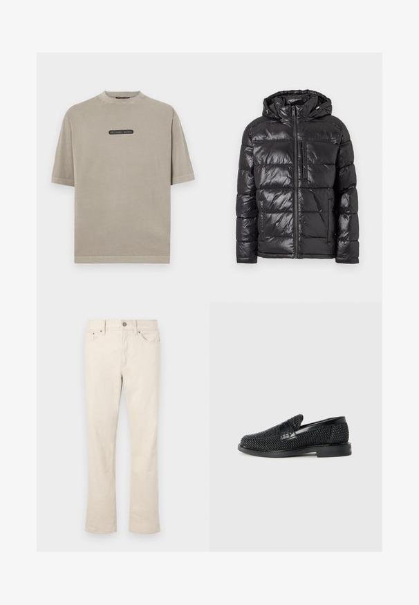 Μαύρο μπουφάν puffer με γυαλιστερό, κεντημένο εξωτερικό, με κουκούλα, μπροστινό φερμουάρ και δύο πλευρικές τσέπες. Ελαφρύ και μονωτικό σχέδιο.; Чαπλά ασβέστης T-shirt με κοντά μανίκια από βαμβάκι, με στρογγυλή λαιμόκοψη και μαύρο λογότυπο στο μπροστινό μέρος. Λείος υφασμάτινος και χαλαρός στην εφαρμογή.; Beige τζιν από μείγμα βαμβακιού με ίσια γραμμή. Διαθέτει κλείσιμο μπροστά με κουμπί και φερμουάρ, πέντε τσέπες και διακριτές ραφές.; Μαύρο πλεκτό παπούτσι slip-on με λείο δερμάτινο στοιχείο στο άνω μέρος, στρογγυλή μύτη και χαμηλό καουτσούκ πάτο.