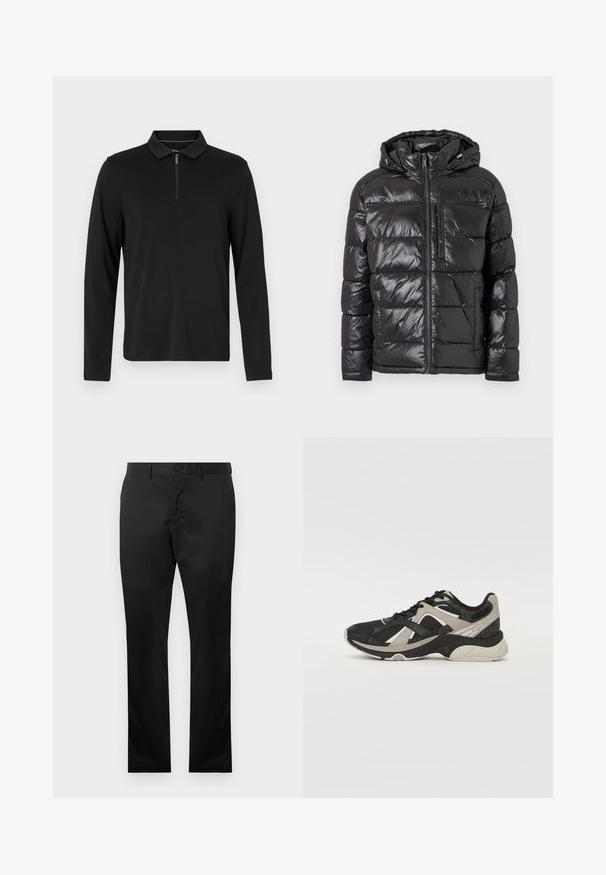Fekete puff jacket, fényes, steppelt külső résszel, kapucnival, elülső cipzárral és két oldalsó zsebbel. Könnyű és szigetelt kivitel.; Fekete, hosszú ujjú pólóing, cipzáros gallérral, puha anyagból készült, testhezálló kialakítással, és nincs látható mintázata vagy díszítése.; Fekete pamut nadrág egyenes láb kialakítással, elülső gombos zárással és oldalsó zsebekkel, sima textúrával, látható minták nélkül.; Fekete és bézs sportcipők, hálós felsőrésszel, textúrált díszítéssel, és párnázott talppal, amelyen gumis tapadás található. Fekete fűzők.