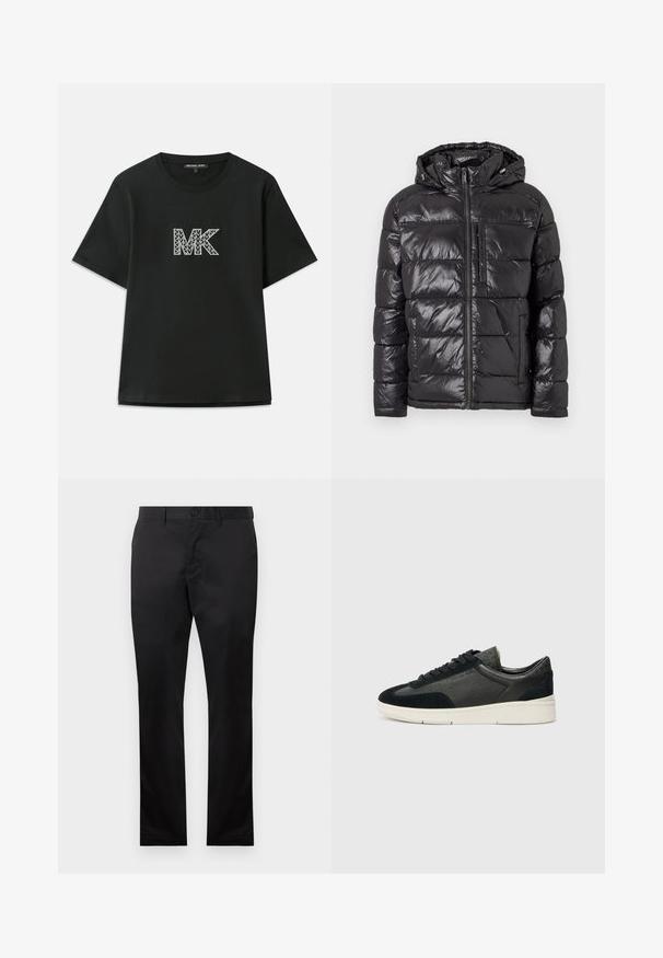 Svart dunjakke med en skinnende, kviltet overflate, hette, frontglidelås og to sidelommer. Lett og isolert design.; Svart bomull t-skjorte med korte ermer som har en geometrisk "MK" logo i hvitt og grått. Rund hals og avslappet passform.; Svarte bomullsbukser med rett ben-design, med knappelukking foran og sidelommer, glatt tekstur, uten synlige mønstre.; Lave sneakers med en blanding av svart semsket skinn og teksturert lær, en hvit gummisåle og svarte lisser. Diskret merkevare på siden.