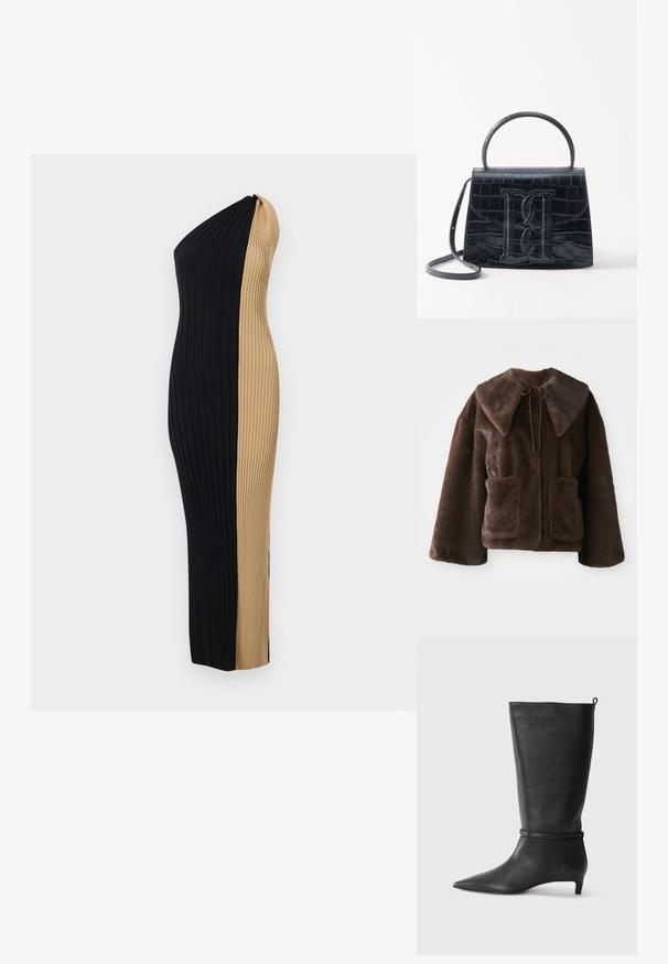 Braune Kunstpelzjacke mit breitem Kragen, vorderer Bindeschließe, langen Ärmeln und zwei aufgesetzten Taschen auf einem weißen Hintergrund.; Schulterfreies, geripptes Kleid mit einer figurbetonten Silhouette. Verfügt über ein kontrastierendes Farbschema in Schwarz und Beige sowie eine vertikale Struktur.; Schwarze Lederkniehohe Stiefel mit spitzem Zehen, akzentuiert durch einen runden Riemen um das Knöchel und einen niedrigen, tapernden Absatz. Glatte Textur.; Schwarze Handtasche aus Krokodilprägung mit strukturiertem Design, Oberhandgriff, verstellbarem Tragegurt und einem auffälligen Logo-Detail auf der Vorderseite.