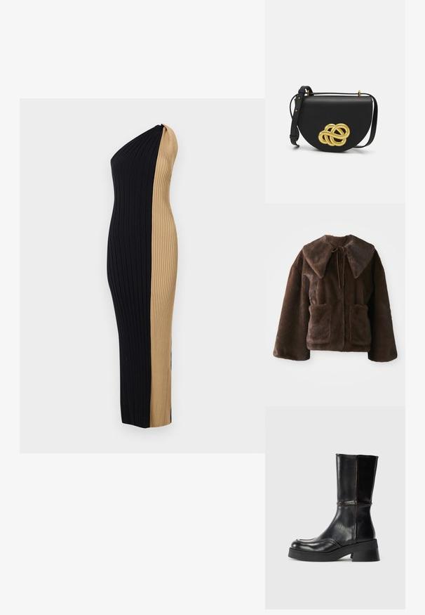 Brown faux fur jacket with wide collar, front tie closure, long sleeves, and two front patch pockets on a white background.; Off-the-shoulder ribbed dress with a fitted silhouette. Features a contrasting black and tan color scheme and vertical texture throughout.; Black leather ankle boot with a block heel, featuring contrast stitching and a curved toe design. Smooth texture, sleek silhouette.; Black leather handbag with a rounded shape, featuring a large gold decorative knot on the front and an adjustable strap.