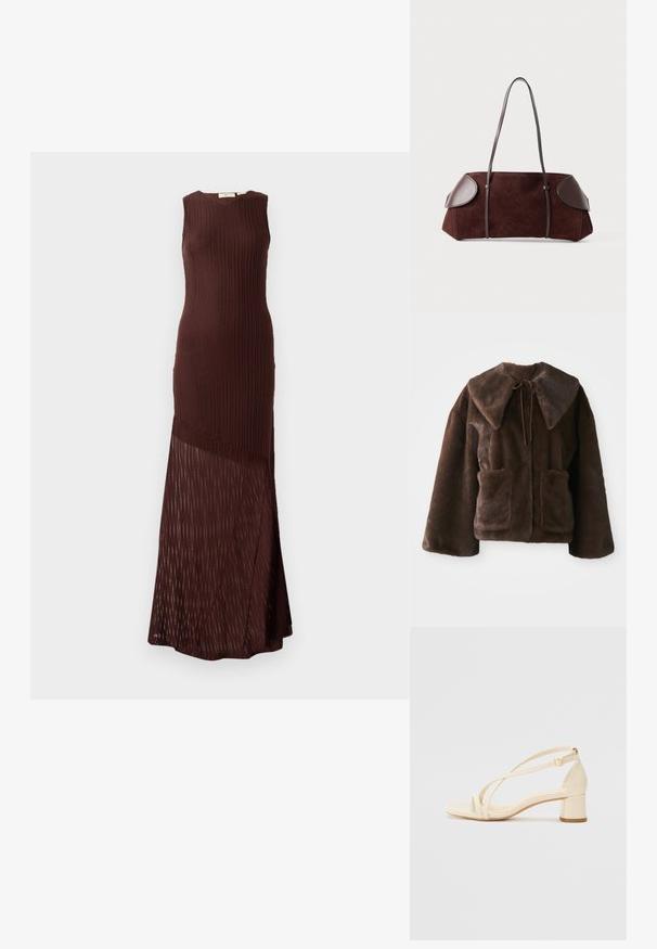 Barna műszőrme kabát széles gallérral, elülső megkötéssel, hosszú ujjakkal és két elülső zsebével, fehér háttér előtt.; Barna kötött ruha, ujjatlan kialakítással, bordázott textúrával és áttetsző, mintás alsó panellel, amely a bokáig ér.; Krémszínű, blokk sarkú szandálok, pántos kialakítással és állítható bokapánttal, sima szintetikus anyagból, matt felülettel.; Barna velúr táska bőrkiegészítőkkel, strukturált forma, dupla vállpántok és kerekded élek, sima felülettel és minimális fém kiegészítőkkel.