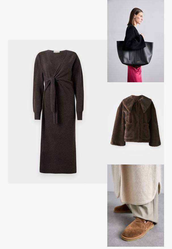 Brown faux fur jacket with wide collar, front tie closure, long sleeves, and two front patch pockets on a white background.; Brown knitted dress with long sleeves, a wrap design featuring a front knot and ribbed cuffs, extending to mid-calf length.; Brown suede slip-on shoes with a rounded toe, rubber sole, and side cutout detail, paired with light beige tailored pants.; Black leather tote bag with a textured finish, featuring two vertical lines, dual shoulder straps, and a minimalist design.