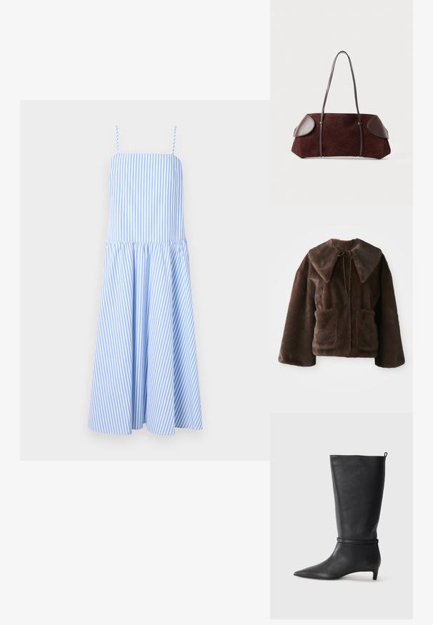 Hnědý kabát z umělé kožešiny se širokým límcem, zapínáním na přední zavazování, dlouhými rukávy a dvěma předními našitými kapsami na bílém pozadí.; Modré a bílé proužkované šaty na ramínka, přiléhavý vršek a rozšířenou sukni. Vyrobené z lehkého materiálu, obsahují svislé proužky.; Černé kožené kozačky ke kolenům s špičatou špičkou, zdobené kulatým páskem kolem kotníku a nízkým, zužujícím se podpatkem. Hladký povrch.; Hnědá semišová taška s koženými detaily, strukturovaného tvaru, s dvojitými ramenními popruhy a zaoblenými okraji, s hladkým povrchem a minimálním kovovým příslušenstvím.