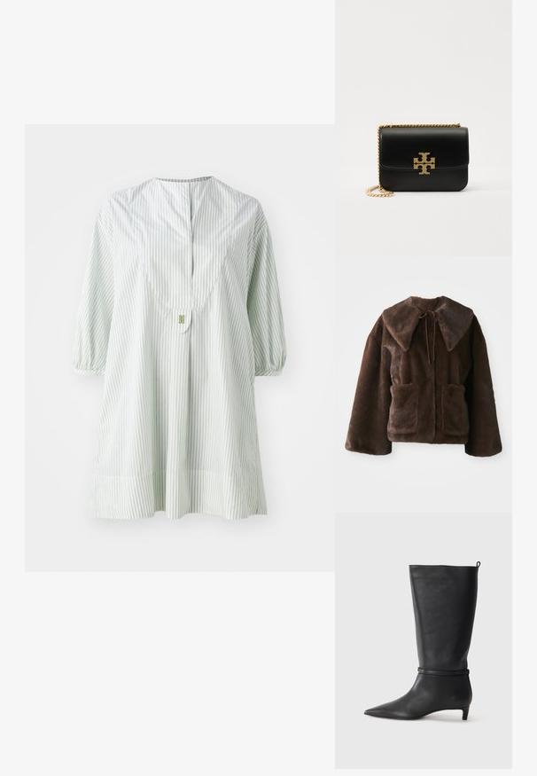 Braune Kunstpelzjacke mit breitem Kragen, vorderer Bindeschließe, langen Ärmeln und zwei aufgesetzten Taschen auf einem weißen Hintergrund.; Hellgrünes gestreiftes Tunika mit rundem Ausschnitt, kurzen Puffärmeln und Knopfdetails auf der Rückseite. Hergestellt aus weichem, leichtem Stoff.; Schwarze Lederkniehohe Stiefel mit spitzem Zehen, akzentuiert durch einen runden Riemen um das Knöchel und einen niedrigen, tapernden Absatz. Glatte Textur.; Schwarze Ledertasche mit goldfarbener Kettenriemen und Logo-Akzent. Hat eine rechteckige Form mit einem umklappbaren Klappenverschluss. Glatte Textur.