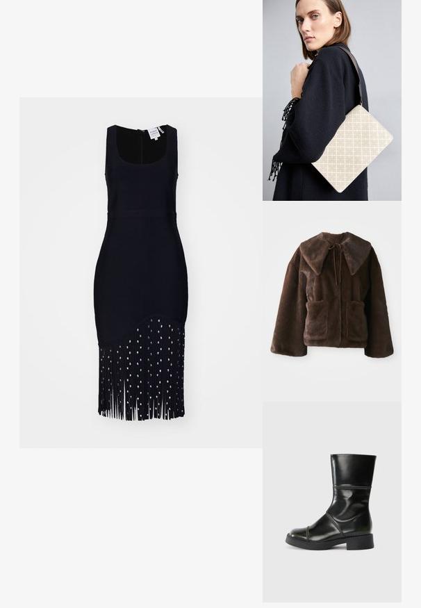 Ruskea keinoturkistakki, jossa on leveä kaulus, eturemmitys, pitkät hihat ja kaksi etupistettä valkoista taustaa vasten.; Mustassa ilmanhihaisessa mekossa on tiukka vartalo-osa ja fringepohja, joka on koristeltu hopeisilla helmillä. Se on valmistettu pehmeästä, teksturoidusta kankaasta.; Musta nahkainen nilkkuri, jossa on pyöristetty kärki, sileä pinta, erottuva tikkaus ja lohkoalusta, jonka siluetti on hieman kapeneva.; Beige kuvioitu olkalaukku, jolla on jämäkkä muoto, ruskealla teksturoidulla hihnalla. Mallilla harmaata taustaa vasten.