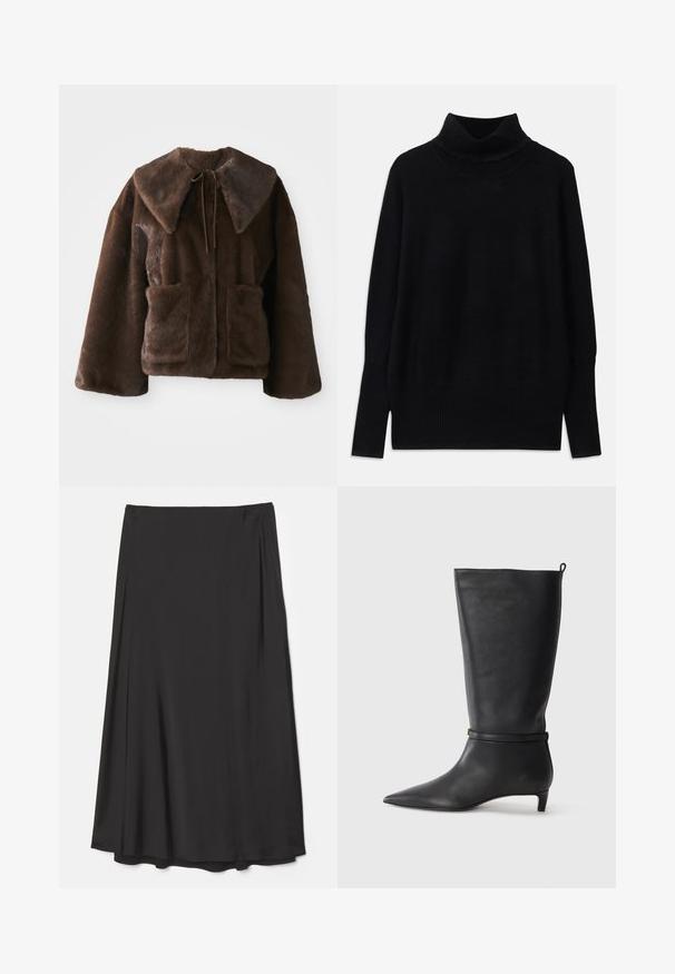 Braune Kunstpelzjacke mit breitem Kragen, vorderer Bindeschließe, langen Ärmeln und zwei aufgesetzten Taschen auf einem weißen Hintergrund.; Schwarzer Rollkragenpullover aus weichem Stoff, mit gerippten Akzenten am Kragen und an den Bündchen, in lockerer Passform und mit seitlichen Schlitzen.; Schwarzer Rock in knielanger Länge aus glattem Stoff; zeichnet sich durch ein fließendes Design mit sanften Drapierungen und ohne sichtbare Verschlüsse aus.; Schwarze Lederkniehohe Stiefel mit spitzem Zehen, akzentuiert durch einen runden Riemen um das Knöchel und einen niedrigen, tapernden Absatz. Glatte Textur.