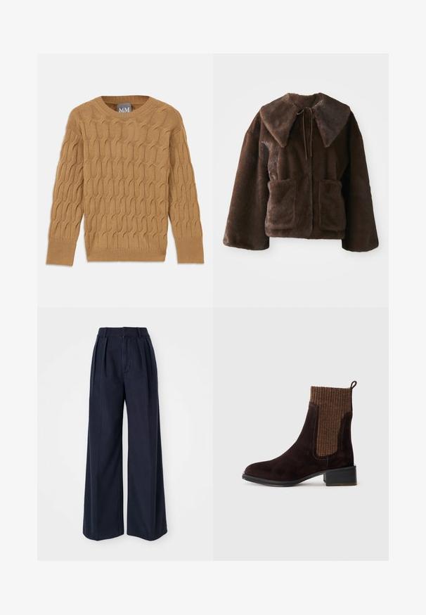 Brown faux fur jacket with wide collar, front tie closure, long sleeves, and two front patch pockets on a white background.; Brown knitted sweater featuring a cable pattern, round neckline, and long sleeves. Ribbed cuffs and hem, made from a soft, textured fabric.; Dark navy wide-leg trousers made of cotton, featuring pleats at the front, a high waist, and a zipper fly with a button closure.; Brown suede ankle boot with a textured brown ribbed knit upper, smooth finish, low block heel, and pull tab at the heel for ease of wear.