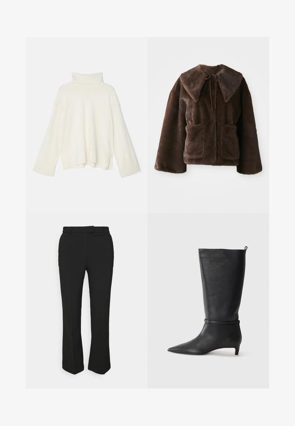 Veste en fausse fourrure marron avec un large col, fermeture par lien à l'avant, manches longues et deux poches plaquées à l'avant sur fond blanc.; Pull à col roulé crème clair, coupe oversized, texture côtelée, épaules tombantes et manches larges, fabriqué en tricot doux.; Pantalons noirs ajustés avec une coupe droite, dotés de passants de ceinture et de poches latérales. Fabriqués en tissu lisse avec une finition soignée.; Botte noire en cuir, montant jusqu'au genou, avec un bout pointu, accentuée par une sangle circulaire autour de la cheville et un petit talon effilé. Texture lisse.