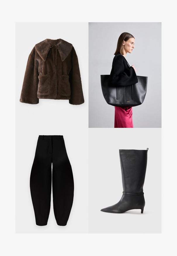 Bruine nepbont jas met brede kraag, sluiting met strik aan de voorkant, lange mouwen en twee voorste opgestikte zakken op een witte achtergrond.; Witte overhemden van katoen. Voorzien van lange mouwen, een gecloeid nek en een enkele borstzak. Strakke textuur, klassiek ontwerp.; Zwarte wijde broek met hoge taille, geplooide voorkant en taps toelopende enkels. Gemaakt van een gladde stof met een matte afwerking.; Zwarte leren kniehoog laars met een spitse neus, accentueert door een ronde band rond de enkel en een lage, taps toelopende hak. Glad textuur.; Zwarte leren draagtas met een gestructureerde afwerking, voorzien van twee verticale lijnen, dubbele schouderbanden en een minimalistisch ontwerp.