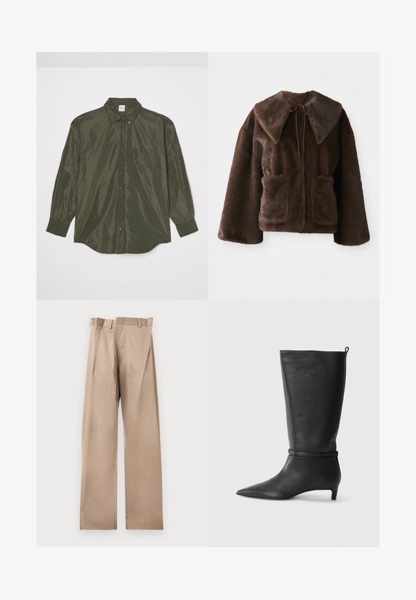 Ruskea keinoturkistakki, jossa on leveä kaulus, eturemmitys, pitkät hihat ja kaksi etupistettä valkoista taustaa vasten.; T-paita pitkähiha, tummanoliivinvihreä, valmistettu kiiltävästä kankaasta, jossa on napituksen etuosa, teräväkauluksinen ja rintatasku.; Beige suorat housut, joissa on litteä etuosa, vyölenkit ja laskokset. Valmistettu sileästä kankaasta, jolla on pehmeä tekstuuri.; Musta nahkainen polvipitkä saapas, jossa on terävä kärki, korostettuna ympyrämuotoisella nauhalla nilkassa ja matala, kapea korko. Sileä pinta.