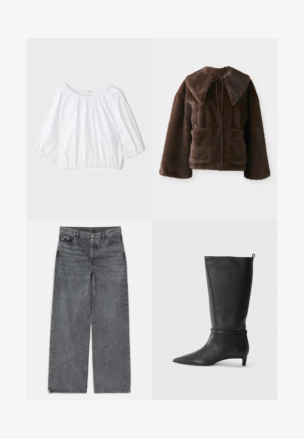 Brun fuskpälsjacka med bred krage, framknäppning med snörning, långa ärmar och två framfickor på en vit bakgrund.; Vit, lätt blus med rund halsringning, trekvartslånga puffärmar och elastisk midja, med en slät, glänsande textur.; Breda jeans i mörkgrå denim. Har hög midja, femficksdesign och framknäppt stängning. Slät textur med subtil blekning.; Svart läderknähöga stövlar med spetsig tå, försedda med ett runt rem runt vristen och en låg, avsmalnande klack. Slät textur.