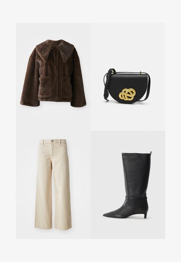 Ruskea keinoturkistakki, jossa on leveä kaulus, eturemmitys, pitkät hihat ja kaksi etupistettä valkoista taustaa vasten.; Kermanen lyhythihainen t-paita pyöreällä kaula-aukolla, valmistettu pehmeästä materiaalista, suoran leikkauksen ja minimaalisten yksityiskohtien kanssa.; Beige levele jeansit valmistettu denimpistä, joissa on korkea vyötärö, nappisulku, vyölenkit ja sivutaskut. Suora pinta ja rento istuvuus.; Musta nahkainen polvipitkä saapas, jossa on terävä kärki, korostettuna ympyrämuotoisella nauhalla nilkassa ja matala, kapea korko. Sileä pinta.; Mustavihreä nahkalaukku pyöreällä muotoilulla, jonka etuosassa on iso kultainen koristeknotti ja säädettävä olkahihna.