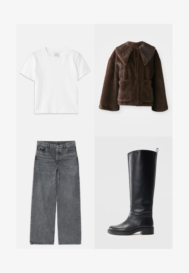 Ruda dirbtinės kailio striukė su plačiu apykakle, priekyje užsegama, ilgomis rankovėmis ir dviem priekiniais kišenėmis ant baltos fono.; Balta medvilnės marškinėliai su apvalia iškirpte, trumpomis rankovėmis ir tiesiu hemu. Žyma su užrašu "Won Hundred" centre prie iškirptės.; Platus kojų džinsai tamsiai pilko džinsinio audinio. Yra aukšta liemenė, penkių kišenių dizainas ir priekinis sagčių uždarymas. Lygus paviršius su subtiliu dėvėjimosi efektu.; Juoda odinė aukštakulnė batai iki kelių su lygiu paviršiumi, apvaliu nosiu ir storu padu. Yra subtilus siūlės detalės ir traukimo kilpa viršuje.