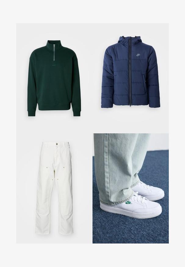 Navy blue puffer jacket with a hood, featuring a front zipper, horizontal stitch pattern, and a small logo on the upper left chest.; Dark green pullover sweatshirt with a high collar, half-zip closure, and ribbed cuffs. Features a subtle "HUGO" logo on the chest.; White cotton cargo pants with a relaxed fit. Features include front pockets, gold hardware accents, and reinforced knee sections.; White leather sneakers with green Nike logo, round toe, flat sole, paired with light blue denim pants, shown on a blue carpet.