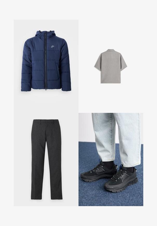 Mörkblå puffjacka med huva, featuring en frontdragkedja, horisontellt sömnadsmönster och en liten logotyp på övre vänster bröst.; Bershka SHORT SLEEVE TAILORED - Skjorta - dark grey; Mörkgrå skräddarsydda byxor med en slät yta, raka ben, frontfickor och bälteshällor för justerbar passform.; Svarta sportskor med texturerat tyg och gummisulor, med elastiska snörningar och en blå detalj på hälen. Bärs med ljusa jeans.