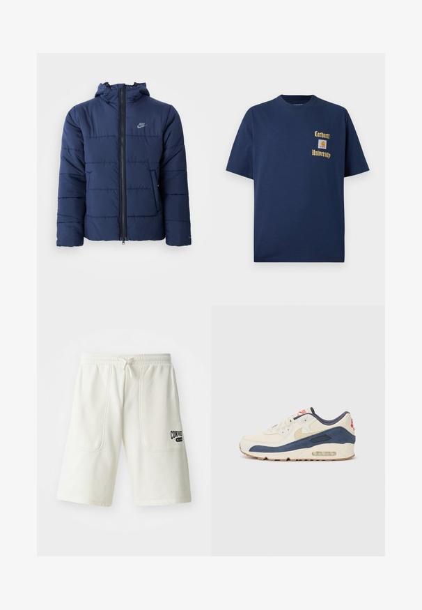 Marineblå pufferjakke med hætte, der har en frontlynlås, horisontalt stikmønster og et lille logo på venstre bryst.; Marineblå bomulds T-shirt med korte ærmer, der har guld tekst "Carhartt University" og et logo patch på venstre bryst.; Cremefarvede shorts lavet af blødt stof, med to store sidelommer og et sort "Converse All Star" logo på højre ben.; Sneakers med en overdel i cremefarvet læder og marineblå ruskind, med en synlig luftsål, beige gummisål og røde detaljer på hælen.