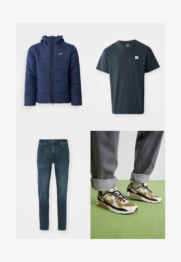 Casaco acolchoado azul-marinho com capuz, apresentando um fecho de correr frontal, padrão de costura horizontal e um pequeno logotipo no canto superior esquerdo do peito.; T-shirt de algodão cinza escuro com um design de gola redonda. Inclui uma pequena etiqueta retangular azul e branca no lado esquerdo do peito.; Calças de ganga de cor azul escuro com um ajuste slim, design de cinco bolsos e um leve efeito de desbotado na parte da frente. Apresenta um fecho com botão e zíper.; Sapatilhas Nike Air Max 90 em bege e preto, com materiais em malha e couro, almofada visível e atacadores pretos.