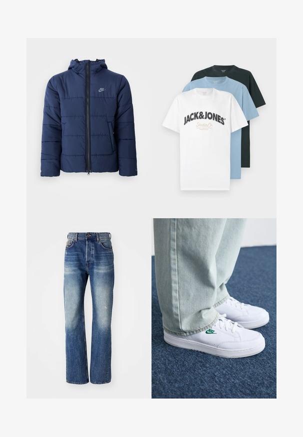 Casaco acolchoado azul-marinho com capuz, apresentando um fecho de correr frontal, padrão de costura horizontal e um pequeno logotipo no canto superior esquerdo do peito.; Três t-shirts dobradas de manga curta com decote redondo em branco com o logo Jack & Jones, azul claro e preto, empilhadas contra um fundo branco.; Jeans de ganga azuis com um design de perna reta, apresentando um leve desbotamento e ligeiras marcas na frente. Estilo padrão de cinco bolsos.; Tênis de couro brancos com logo verde da Nike, bico redondo, sola plana, combinados com calças de denim azul claro, exibidos sobre um tapete azul.
