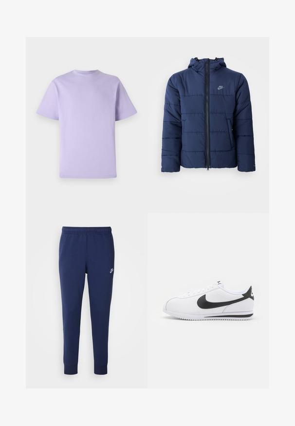 Temno modra puhovka z kapuco, ki ima sprednji zadrgo, vodoravno šivano strukturo in majhen logotip na zgornjem levem delu prsi.; Lila bomba majica s kratkimi rokavi, okroglim izrezom in ohlapnim krojem. Gladka tekstura, brez vzorcev ali okraskov.; Temno modre Nike trenerke iz mehkega bombažnega materiala, z elastičnim pasom, zoženimi hlačnicami in majhnim belim logotipom na strani.; Bele športne copate iz belega usnja z črnimi Nike swoosh, ravnimi vezalkami in teksturiranim gumijastim podplatom. Okrogla konica in oblazinjen ovratnik za udobje.
