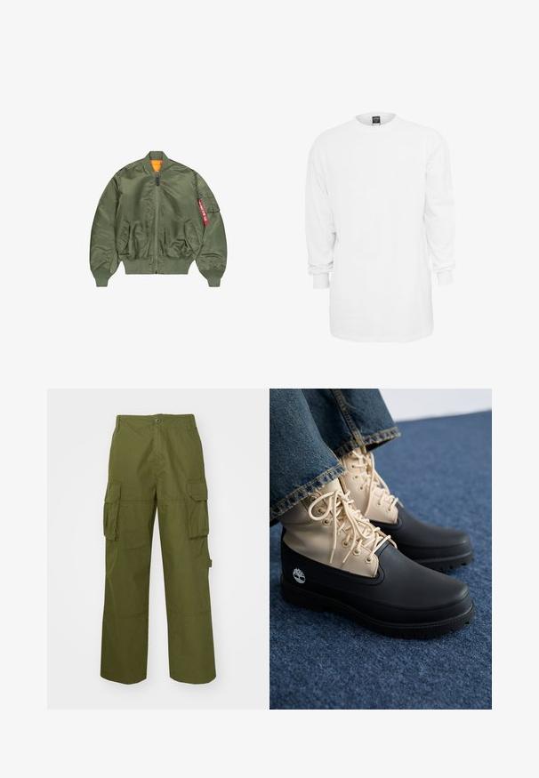 Olivroheline pommitakki, millel on lukuga esikülg, soonikust ääred ja vöökoht, kaks küljetaskut ning oranž vooder; sisaldab taskut punaste detailidega.; Pikkade varrukatega valge puuvillane t-särk ümmarguse kaelusega, laia lõikega ja soonikute otstega. Üksildane disain, ilma graafika või mustriteta.; Olivrohelised cargo püksid, mis on valmistatud vastupidavast kangast, sisaldavad kahte külgtaskut, on lõdva lõikega ning nupuga kinnitatavad vöökoht.; Bežid ja mustad veekindlad saapad, millel on tekstureeritud materjal, kuusnurksete silmadega ja bežid paelad. Kummist tallad, millel on silmatorkav muster.