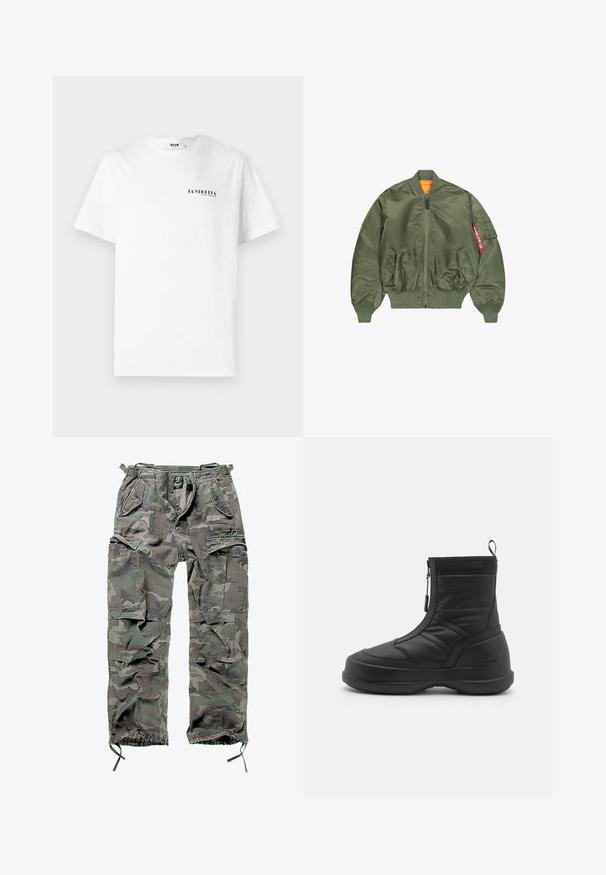 Giubbotto bomber verde oliva con zip frontale, polsini e cintura a costine, due tasche laterali e foderato in arancione; presenta una tasca con dettagli rossi.; T-shirt bianca in cotone con collo rotondo, caratterizzata da una piccola scritta grafica nera "LA VEDDITA" sulla parte sinistra del petto.; Pantaloni cargo mimetici in verde e grigio, con numerose tasche, vita elasticizzata, polsini regolabili e una vestibilità rilassata.; Stivale da neve impermeabile nero con tomaia sintetica liscia, chiusura con zip, collo imbottito e suola in gomma testurizzata. Contrassegnato dal marchio "MOON BOOT".