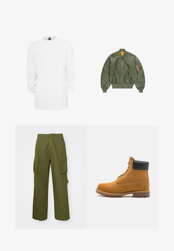 Oliwkowa kurtka bomber z suwakiem z przodu, ribbowanymi mankietami i pasem, dwiema bocznymi kieszeniami oraz pomarańczową podszewką; posiada kieszeń z czerwonymi detalami.; Biała bawełniana koszulka z długim rękawem, okrągłym dekoltem, luźnym krojem i ściągaczami przy rękawach. Gładki design, bez grafik ani wzorów.; Zielone oliwkowe spodnie cargo wykonane z trwałego materiału, z dwoma bocznymi kieszeniami, luźnym krojem i zapięciem na guzik w talii.; Beżowe zamszowe botki sięgające kostki z czarną wyściełaną krawędzią, złotymi oczkami, białymi detalami szycia oraz wytrzymałą gumową podeszwą z wyraźnym bieżnikiem.