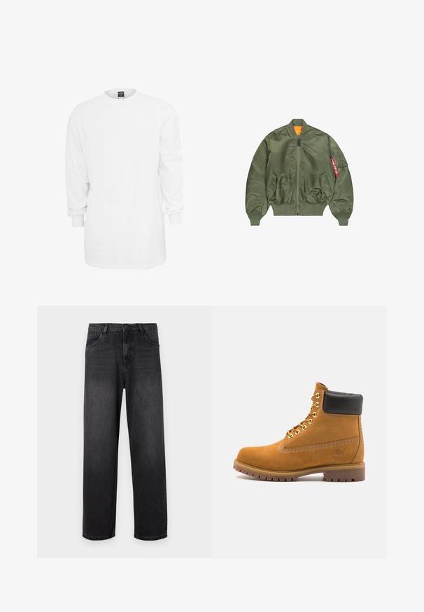 Olivengrøn bomberjakke med lynlås foran, ribbede manchetter og talje, to sidelommer og en orange foring; har en lomme med røde detaljer.; Langærmet hvid bomulds t-shirt med rund halsudskæring, løs pasform og ribbede manchetter. Enkel design, ingen grafik eller mønstre.; Mørkegrå denim jeans med lige ben, der har lynlås i gylpen, fem lommer og diskrete falmende detaljer på stoffet.; Tan nubuck ankelstøvle med sort polstret krave, gyldne metaløjer, hvid syning detaljer og robust gummisål med udtalte slidbaner.