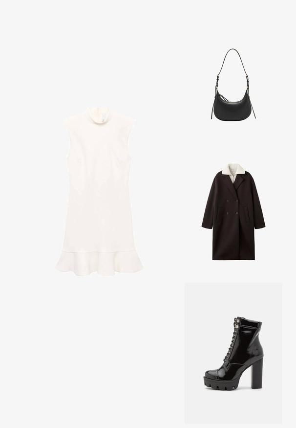 Palton negru cu două rânduri de nasturi, având un guler crem, dotat cu două buzunare frontale, cu un design elegant și o textură moale.; Rochie albă fără mâneci, cu guler înalt, având o margine evazată și o textură netedă. Design simplu, fără modele sau accesorii vizibile.; RAID KYNLEE - Botine cu șireturi - black; Geantă de umăr din piele neagră, cu o formă curbată, curea ajustabilă, accente din metal auriu și o suprafață texturată netedă.