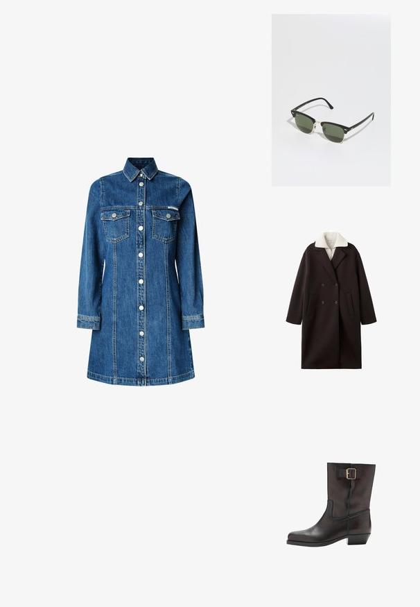 Musta kaksirivinen takki, jossa on vaalea kaulus, kahdella etutaskulla, muotoiltu malli ja pehmeä pinta.; Denim-tyylinen mekko, pitkät hihat, nappilistalla edessä, kaksi rintataskua, klassinen kaulus, keskipitkä sininen väri ja vaaleat ompeluyksityiskohdat.; Mustat nahkaiset nilkkurit, joissa on pyöreä varvas, matala lohko korko, sivussa elastinen paneeli ja kultainen solki nilkkahihnassa.; Mustasilmäiset aurinkolasit kultaisilla yksityiskohdilla, joissa on vihreät linssit. Lasit ovat kissamaiset ja niissä on metalliset yksityiskohdat sekä teksturoitu kehys.