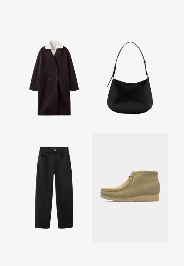 Palton negru cu două rânduri de nasturi, având un guler crem, dotat cu două buzunare frontale, cu un design elegant și o textură moale.; Top alb cu maneci lungi si guler inalt. Tesatura moale, croiala lejera si slituri laterale. Textura neteda, fara modele sau accesorii.; Jeans negri din denim cu o croială dreaptă, dotate cu cinci buzunare, închidere prin buton și un design clasic. Textură moale cu un finisaj curat.; Bocanci Ankle din suede bej, cu vârf rotunjit, cusături minime, un toc mic și un sistem de șireturi pentru o ajustare confortabilă.; Geantă de umăr din piele neagră, cu o textură netedă, formă curbată și mânere ajustabile. Prezintă cusături minime și un design simplu.