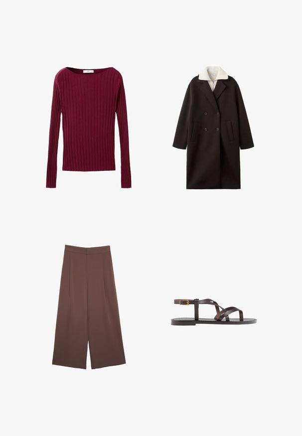 Czarny płaszcz dwurzędowy z kremowym kołnierzem, z dwoma przednimi kieszeniami, dopasowany krój i miękka tekstura.; Burgundowy, prążkowany top z długim rękawem i szerokim dekoltem, dopasowany do sylwetki, wykonany z miękkiego materiału dzianinowego.; Brązowe spodnie o szerokich nogawkach z gładką fakturą, z wysokim stanem i plisami z przodu. Materiał jest lekki i luźno opada.; Brązowe skórzane sandały z krzyżującymi się paskami, zapięciem na klamrę przy kostce oraz płaską podeszwą z minimalnymi detalami szycia.
