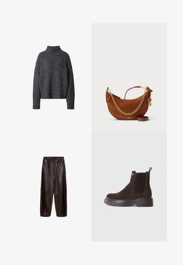 Black double-breasted coat with a cream collar, featuring two front pockets, tailored design, and a soft texture.; Gray, textured turtleneck sweater with long sleeves, featuring a loose fit and ribbed cuffs. Fabric appears soft and warm.; Brown leather pants with a relaxed fit, featuring a smooth texture and front pockets. The design includes visible seams and a classic waistband.; Brown suede ankle boot with elastic side panels, pull tab, and a thick black rubber sole. Features a smooth, matte texture.; Brown leather handbag with a curved design, gold chain strap, interior pocket, and a detachable shoulder strap. Features contrasting stitching.