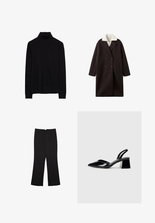 Schwarzer, doppelt gereihter Mantel mit einem cremefarbenen Kragen, zwei vorderen Taschen, tailliertem Design und einer weichen Textur.; Schwarzer Rollkragenpullover aus einem weichen Strickstoff. Mit langen Ärmeln sowie gerippten Manschetten und Saum. Einfaches, klassisches Design ohne Muster.; Schwarze Hose mit geradem Schnitt, ausgestattet mit Fronttaschen und Seitenschlitzen am Saum. Hergestellt aus weichem, glattem Stoff. Geeignet für verschiedene Anlässe.; Schwarze Lackleder-Slingback-High Heels mit spitzem Schuh und einem geometrischen Blockabsatz. Verfügt über ein schlankes, minimalistisches Design und eine glatte Textur.