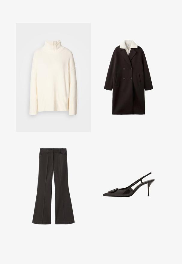 Black double-breasted coat with a cream collar, featuring two front pockets, tailored design, and a soft texture.; Cream-colored turtleneck sweater, crafted from textured knit fabric, featuring ribbed cuffs and hem, with a relaxed fit and side slits.; Black flared trousers with a high waist; features two front pockets and a smooth fabric texture. Suitable for various occasions.; Black patent leather slingback shoe with pointed toe, minimalistic design, small circular accent on the vamp, and slender heel.