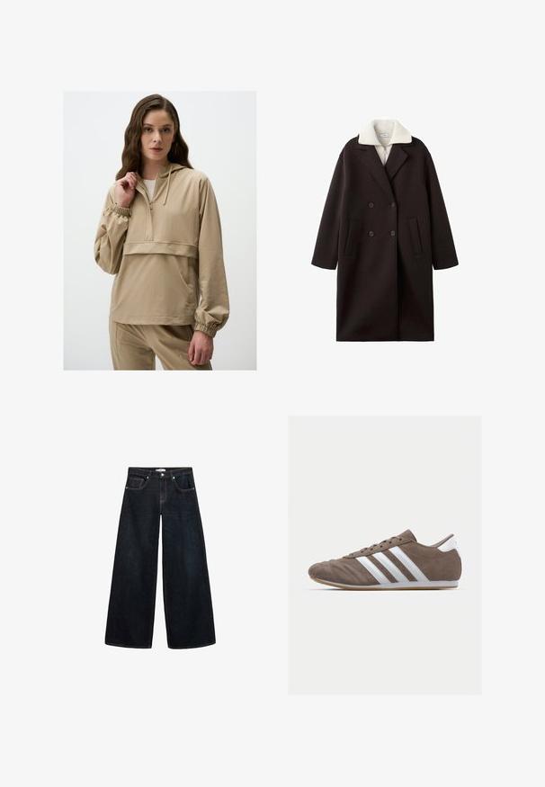 Czarny płaszcz dwurzędowy z kremowym kołnierzem, z dwoma przednimi kieszeniami, dopasowany krój i miękka tekstura.; Młoda kobieta z długimi falowanymi włosami, ubrana w beżowy rozpinany polar i pasujące spodnie, trzymając kołnierz polaru jedną ręką.; Szerokie dżinsy w ciemnym kolorze z wysokim stanem, z kontrastowym przeszyciem, przednimi kieszeniami oraz minimalistycznym designem.; Brązowy zamszowy but sportowy z białymi paskami, okrągłym noskiem, sznurowanym zapięciem i podeszwą z gumy. Teksturowana cholewka z detalami przeszycia.
