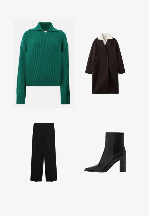 Černý dvouřadý kabát se smetanovým límcem, vybavený dvěma předními kapsami, s elegantním střihem a měkkou texturou.; Zelený žebrovaný pletený svetr s širokým límcem, dlouhými rukávy a bočními rozparky. Má texturovaný povrch a volný střih.; Černé široké kalhoty s hladkým materiálem, s plisováním v přední části a bočními kapsami, navržené s rovný, uvolněný střih.; Černé kožené kotníkové boty s špičatou špičkou, čtveratým podpatkem, hladkou texturou a švy podél spojů. Výška podpatku je přibližně 8,9 centimetrů.