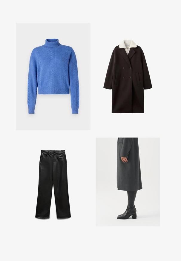 Černý dvouřadý kabát se smetanovým límcem, vybavený dvěma předními kapsami, s elegantním střihem a měkkou texturou.; Zkrácený modrý svetr s vysokým límcem, zdobený texturovanými pletenými vzory a žebrovanými manžetami. Vyrobeno z měkkého, teplého materiálu.; Černé široké kalhoty z umělé kůže s předními kapsami, poutky na pásek a jemným leskem. Hladká textura a střih na míru.; Šedý padnoucí kabát s rovnou siluetou; kombinovaný s černými koženými botami nad kolena s hranatou špičkou a masivním podpatkem.