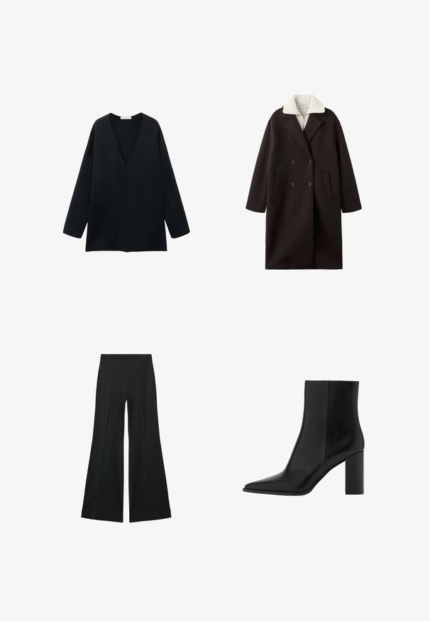 Palton negru cu două rânduri de nasturi, având un guler crem, dotat cu două buzunare frontale, cu un design elegant și o textură moale.; Top negru, lejer, cu decolteu în V și mâneci lungi, fabricat dintr-un material moale. Design simplu, cu tiv drept și fără modele sau accente distincte.; Pantaloni negri cu croială largă, având o textură netedă, cu pliseuri frontale și un design croit. Materialul este ușor și fluid.; Botine negre din piele cu vârf ascuțit, toc pătrat, textură netedă și detalii de cusătură de-a lungul jantelor. Toții au o înălțime de aproximativ 3,5 inci.