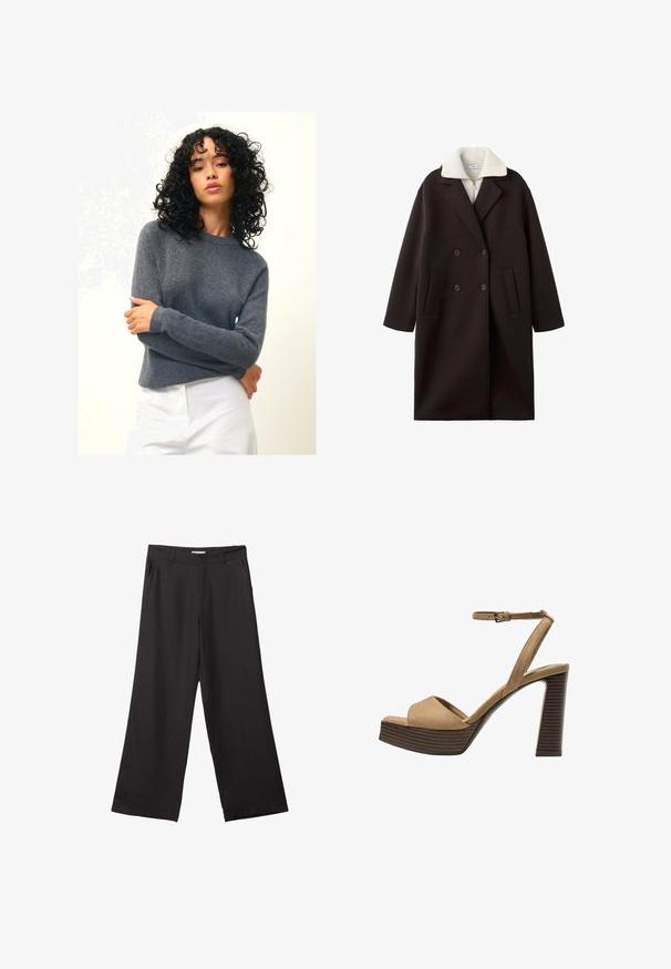 Black double-breasted coat with a cream collar, featuring two front pockets, tailored design, and a soft texture.; Authentic Cashmere ECRIN - Jumper - mottled anthracite; Black wide-leg trousers made of smooth fabric, featuring a front zipper and two side pockets, with a tailored fit and minimalistic design.; Beige suede high-heeled sandals with a wide front strap and ankle strap, featuring a chunky wooden block heel with a textured finish.